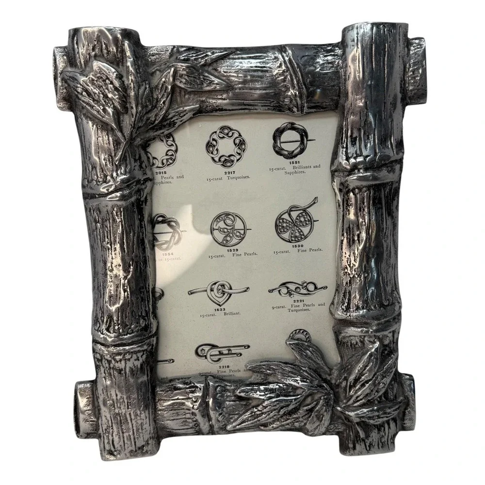 Vintage Heavy Silver Pewter Bamboo Photo Picture Frame Asian Style 5 x 7